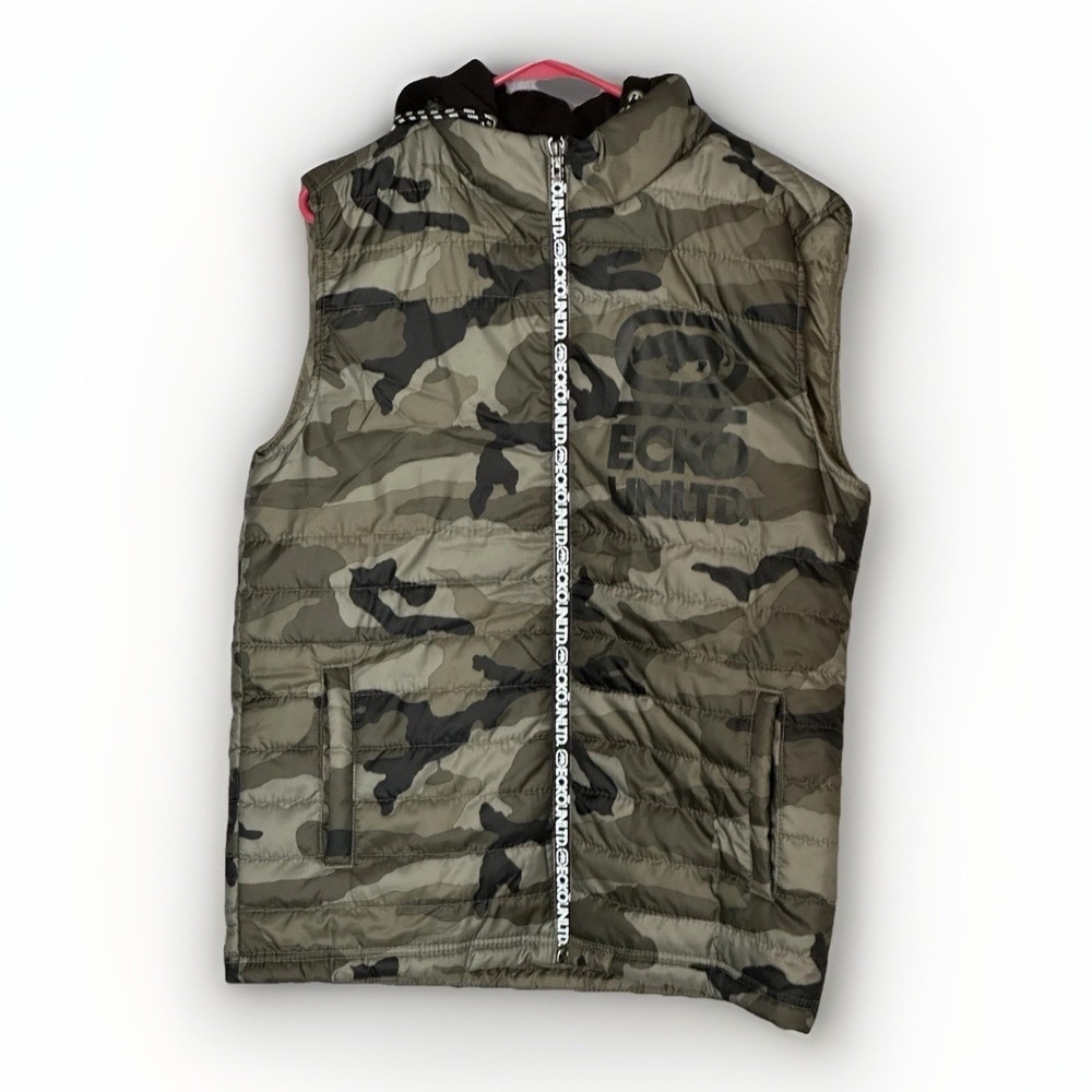 Ecko Unltd‎ Camo Hooded Puffer Vest Y2K Streetwear Hip Hop Mens Small